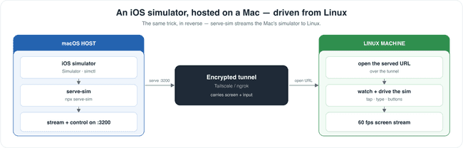 The mirror image: an iOS simulator hosted on a Mac, driven from Linux.